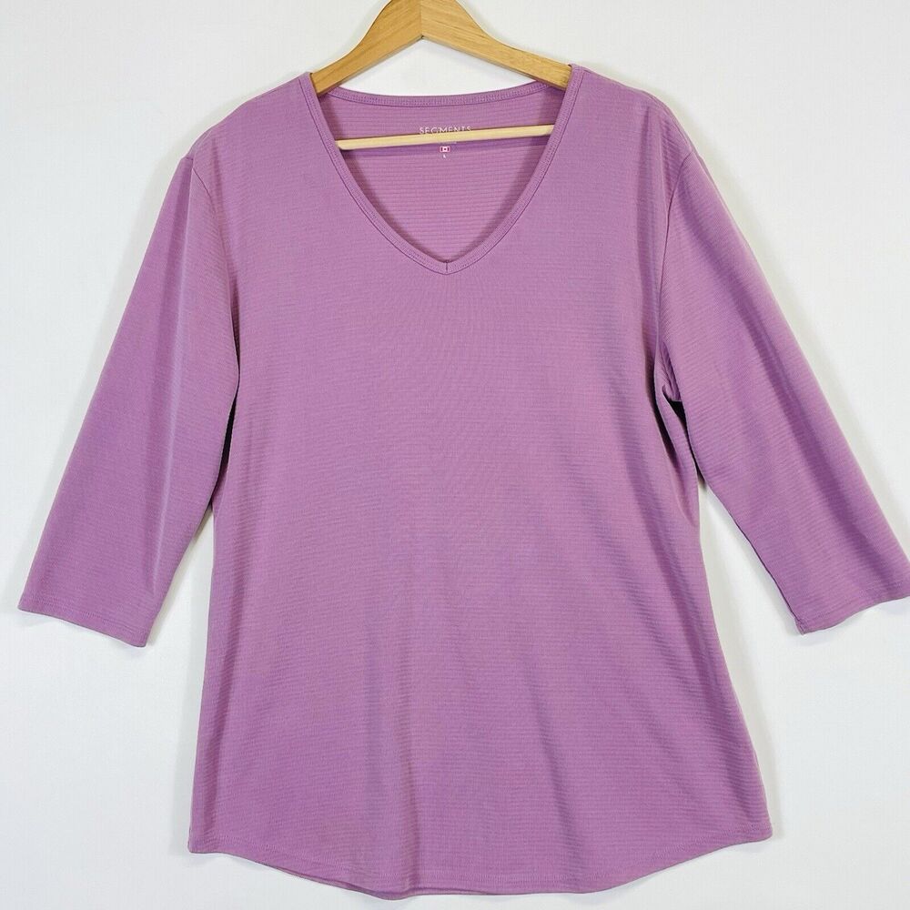 Segments V-Neck Top Womens Large Purple 3/4 Sleeve Ribbed Minimalist Basics